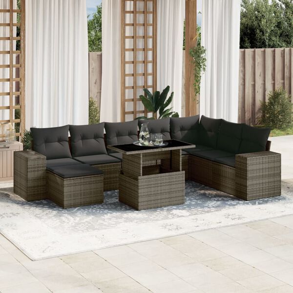 vidaXL 9-tlg. Garten-Sofagarnitur mit Kissen Grau Poly Rattan