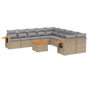 vidaXL 11-tlg. Garten-Sofagarnitur mit Kissen Beige Poly Rattan