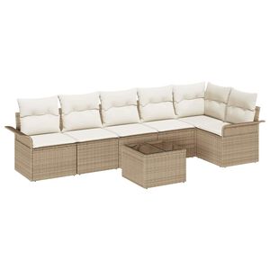 vidaXL Garten-Sofa-Set mit Kissen mit Speicher 7 pcs Beige Poly Rattan