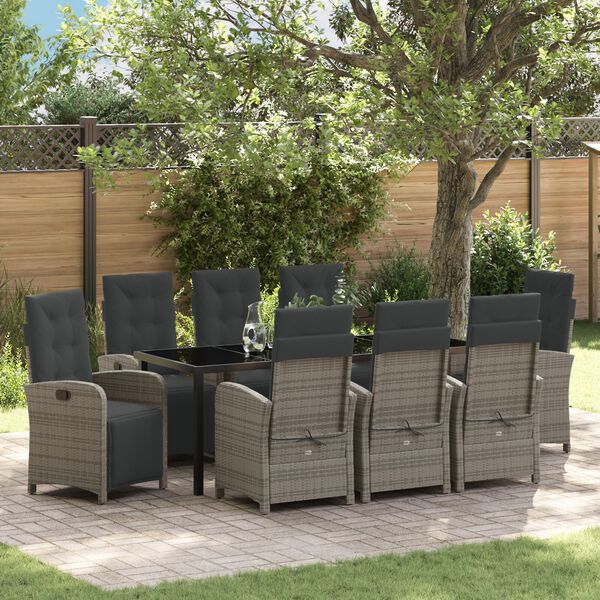vidaXL Garten Essgruppe mit Kissen 9 pcs Grau Poly-Rattan