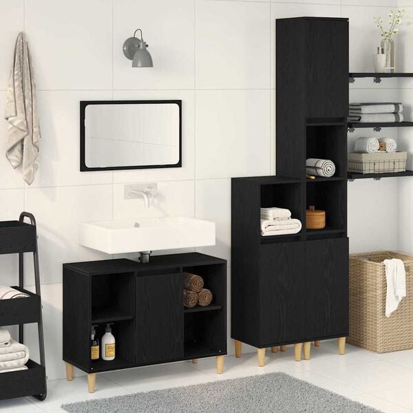 vidaXL Badezimmerm&ouml;bel-Set mit Speicher 3 pcs Schwarz Holzwerkstoff