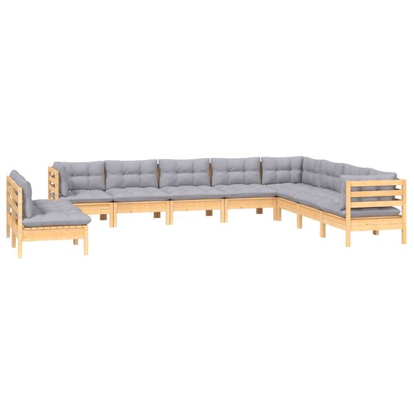 vidaXL 10-tlg. Garten-Lounge-Set mit Grauen Kissen Massivholz Kiefer