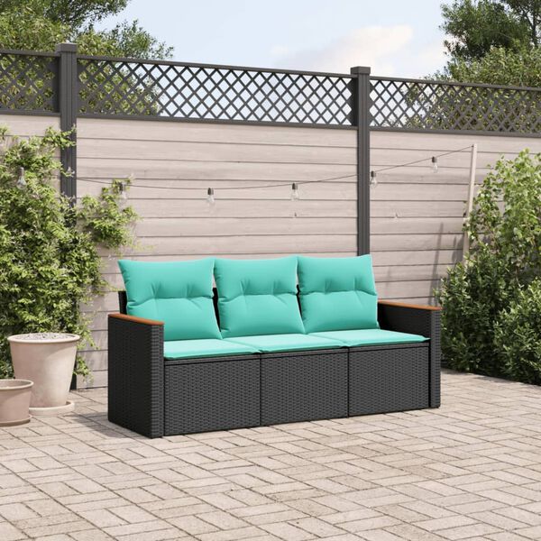vidaXL 3-teiliges Gartensofa-Set mit Kissen, schwarzes Polyrattan
