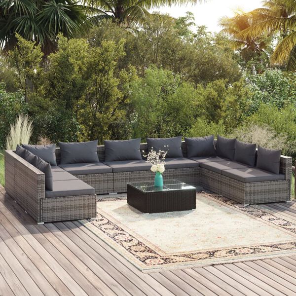 vidaXL 10-tlg. Garten-Lounge-Set mit Kissen Poly Rattan Grau