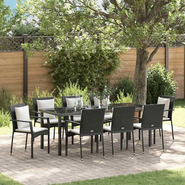 vidaXL Garten Essgruppe mit Kissen 9 pcs Schwarz Poly-Rattan