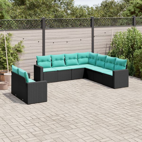 vidaXL 9-tlg. Garten-Sofagarnitur mit Kissen Schwarz Poly Rattan