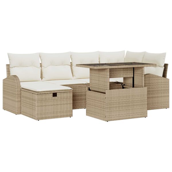 vidaXL Garten-Sofa-Set mit Kissen mit Speicher 7 pcs Beige Poly Rattan