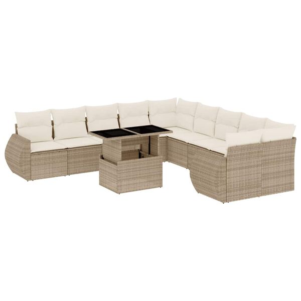 vidaXL 11-tlg. Garten-Sofagarnitur mit Kissen Beige Poly Rattan