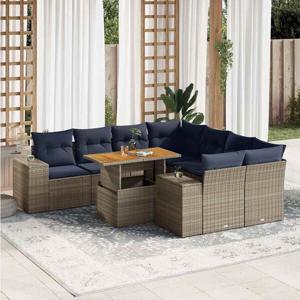 vidaXL 9-tlg. Garten-Sofagarnitur mit Kissen Grau Poly Rattan