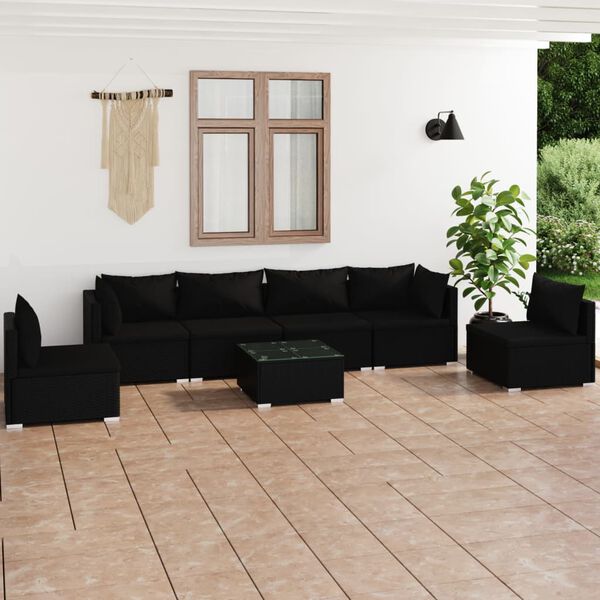 vidaXL 7-tlg. Garten-Lounge-Set mit Kissen Poly Rattan Schwarz