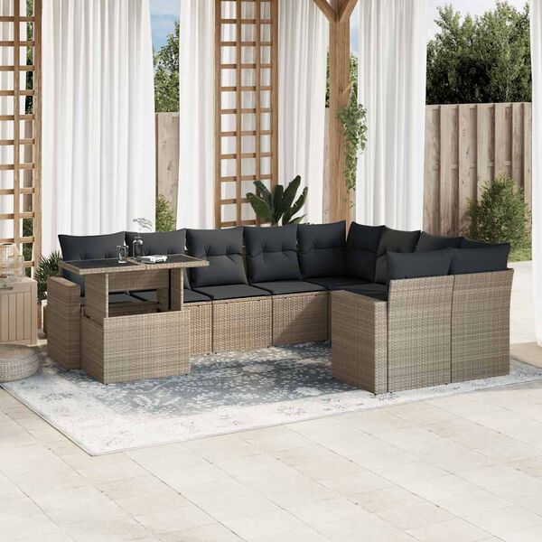 vidaXL 10-tlg. Garten-Sofagarnitur mit Kissen Hellgrau Poly Rattan