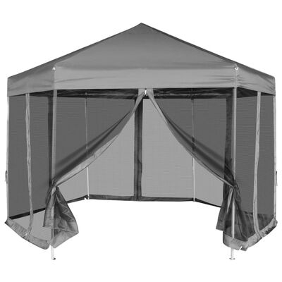 vidaXL Hexagonal Pop-Up Zelt mit 6 Seitenwänden Grau 3,6x3,1 m