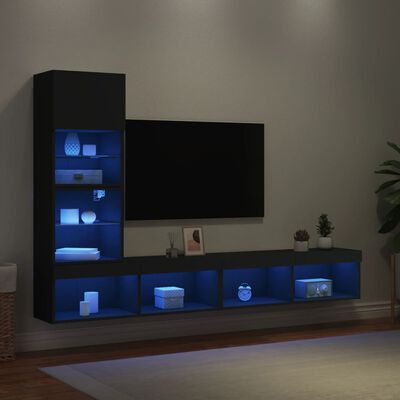 vidaXL 4-tlg. Wohnwand mit LED-Beleuchtung Schwarz Holzwerkstoff