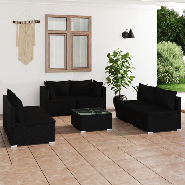 vidaXL 7-tlg. Garten-Lounge-Set mit Kissen Poly Rattan Schwarz