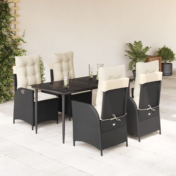 vidaXL 5-tlg. Garten-Essgruppe mit Kissen Schwarz Poly Rattan