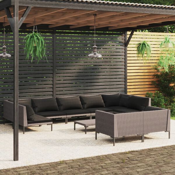 vidaXL 10-tlg. Garten-Lounge-Set mit Kissen Poly Rattan Dunkelgrau