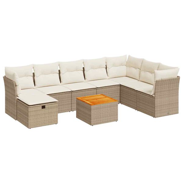 vidaXL 9-tlg. Garten-Sofagarnitur mit Kissen Beige Poly Rattan