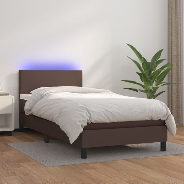 vidaXL Boxspringbett mit Matratze & LED Braun 90x190 cm Kunstleder