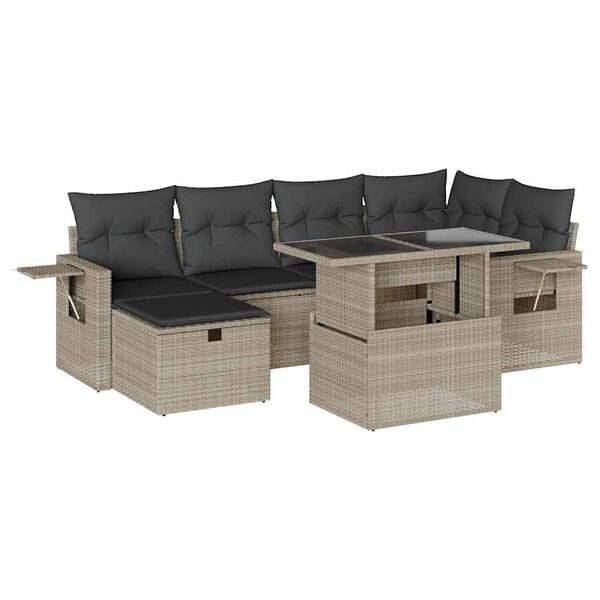 vidaXL 7-tlg. Garten-Sofagarnitur mit Kissen Hellgrau Poly Rattan