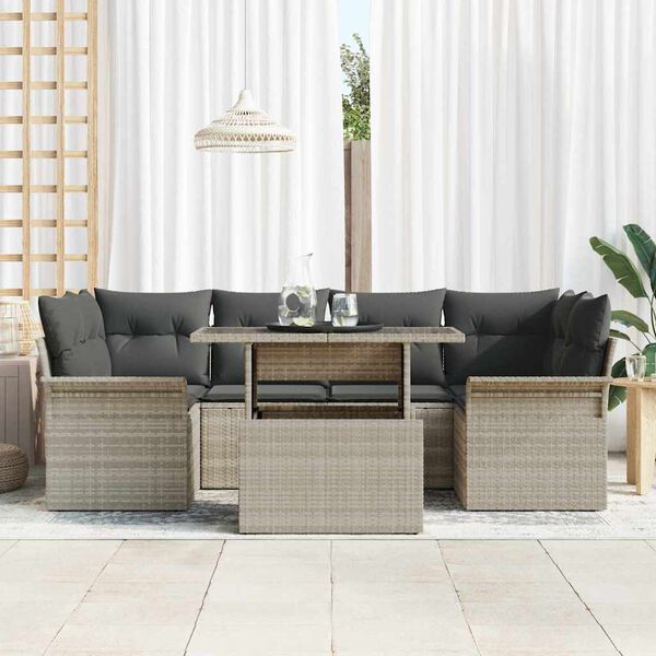 vidaXL Garten-Sofa-Set mit Kissen 7 pcs Hellgrau Poly Rattan