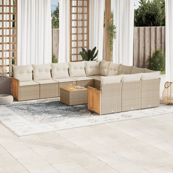 vidaXL 12-tlg. Garten-Sofagarnitur mit Kissen Beige Poly Rattan