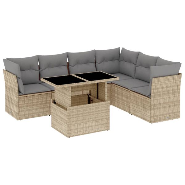 vidaXL 7-tlg. Garten-Sofagarnitur mit Kissen Beige Poly Rattan