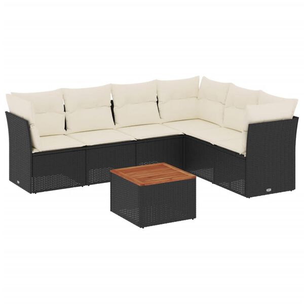 vidaXL 7-tlg. Garten-Sofagarnitur mit Kissen Schwarz Poly Rattan