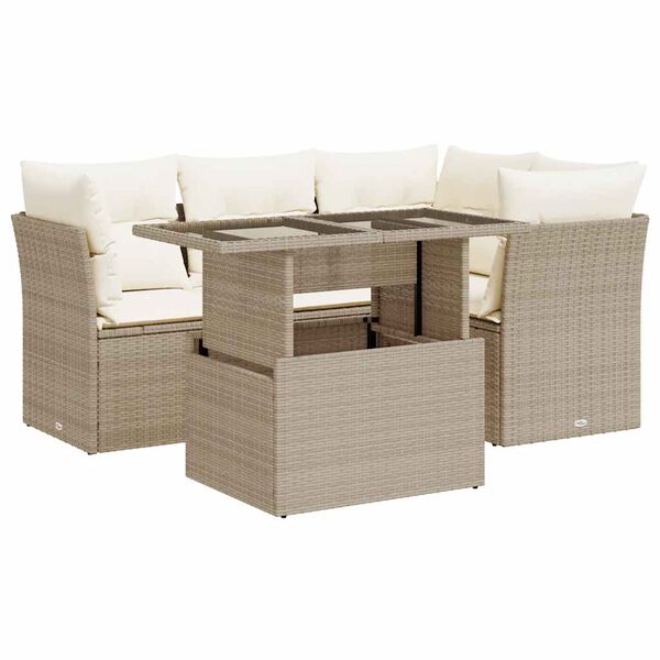 vidaXL 5-tlg. Garten-Sofagarnitur mit Kissen Beige Poly Rattan