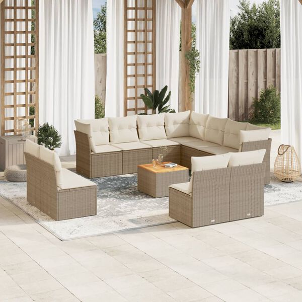 vidaXL 12-tlg. Garten-Sofagarnitur mit Kissen Beige Poly Rattan