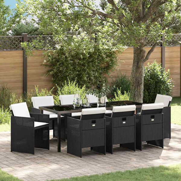 vidaXL Garten Essgruppe mit Kissen 9 pcs Schwarz Poly-Rattan