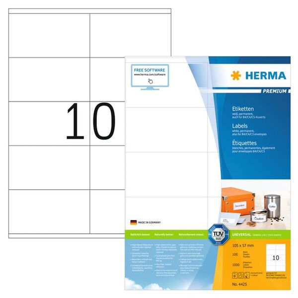 HERMA Etiketten PREMIUM Permanent Haftend A4 105x57 mm 100 Bl&auml;tter