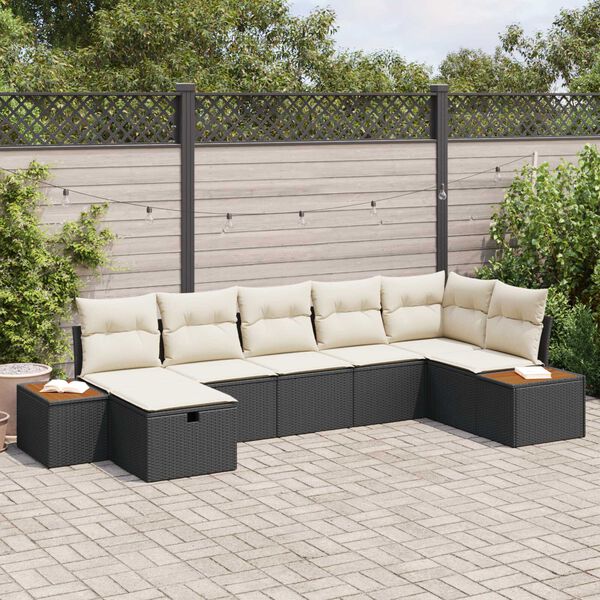 vidaXL Garten-Sofa-Set mit Kissen 7 pcs Schwarz Poly Rattan