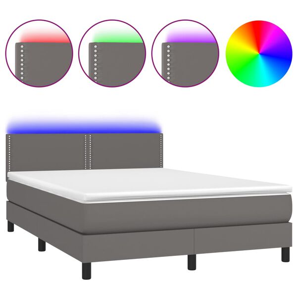 vidaXL Boxspringbett mit Matratze & LED Grau 140x200 cm Kunstleder