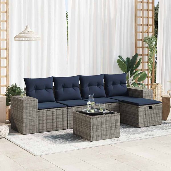 vidaXL 6-tlg. Garten-Sofagarnitur mit Kissen Grau Poly Rattan