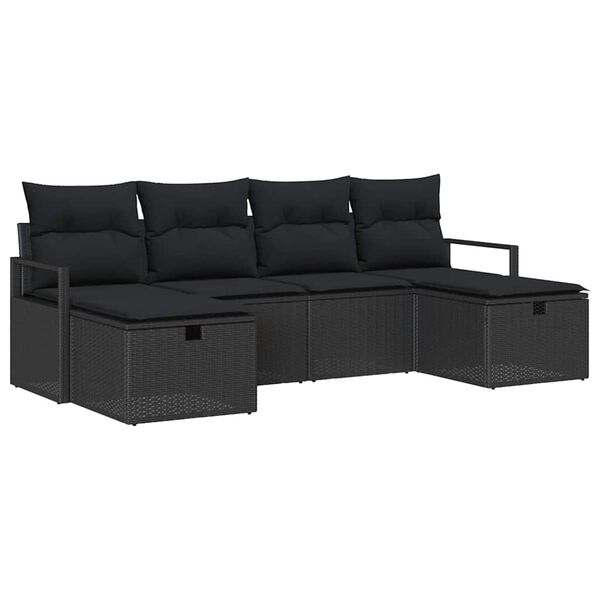 vidaXL Garten-Sofa-Set mit Kissen 6 pcs Schwarz Poly Rattan