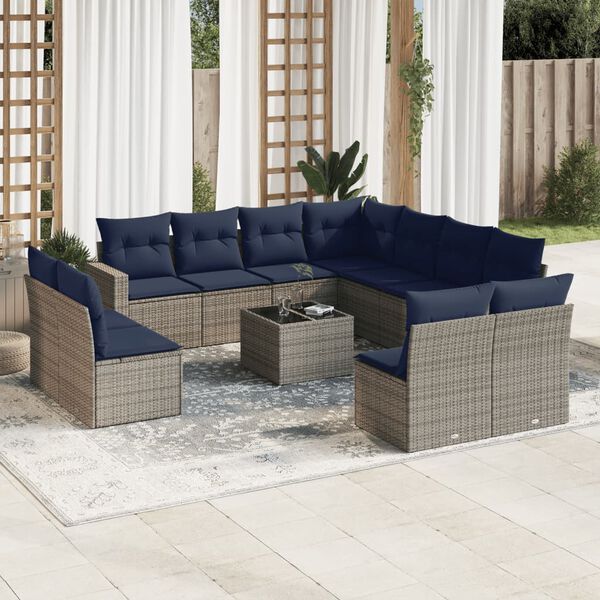 vidaXL 12-tlg. Garten-Sofagarnitur mit Kissen Grau Poly Rattan