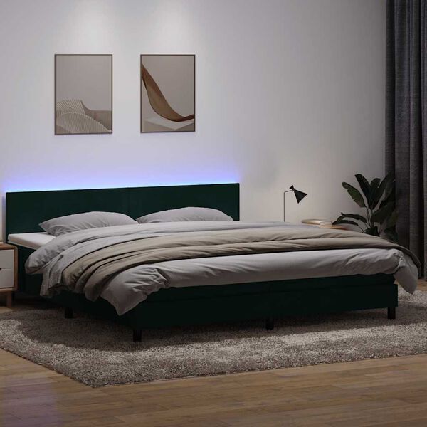 vidaXL Boxspringbett mit Matratze & LED Dunkelgr&uuml;n 180x220 cm Samt