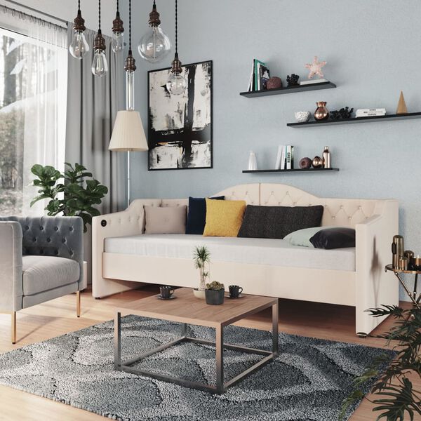 vidaXL Tagesbett mit Matratze USB Creme Stoff 90x200 cm