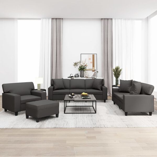 vidaXL 4-tlg. Sofagarnitur mit Kissen Grau Kunstleder