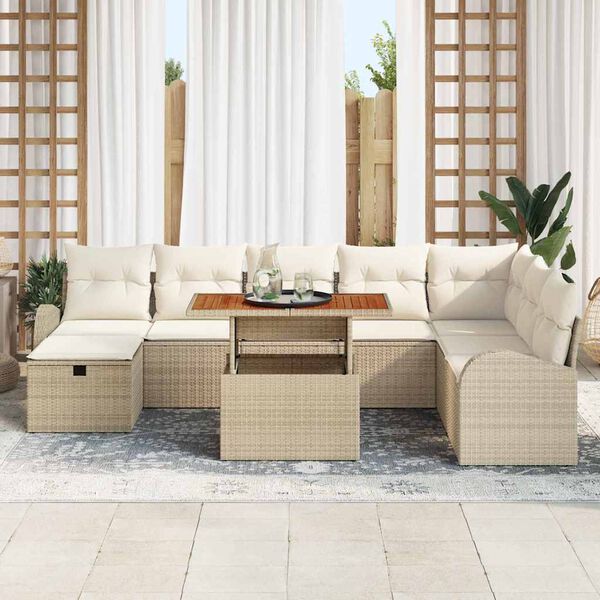 vidaXL Gartensofa-set mit Kissen mit Speicher 9 pcs Beige Poly-Rattan