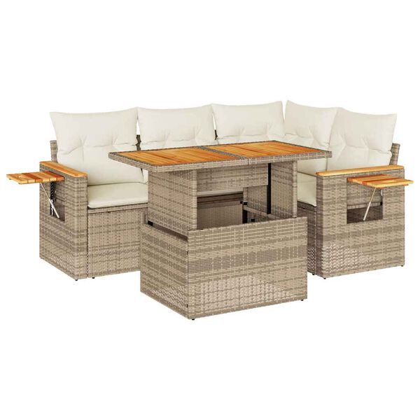 vidaXL 5-tlg. Garten-Sofagarnitur mit Kissen Beige Poly Rattan Akazie