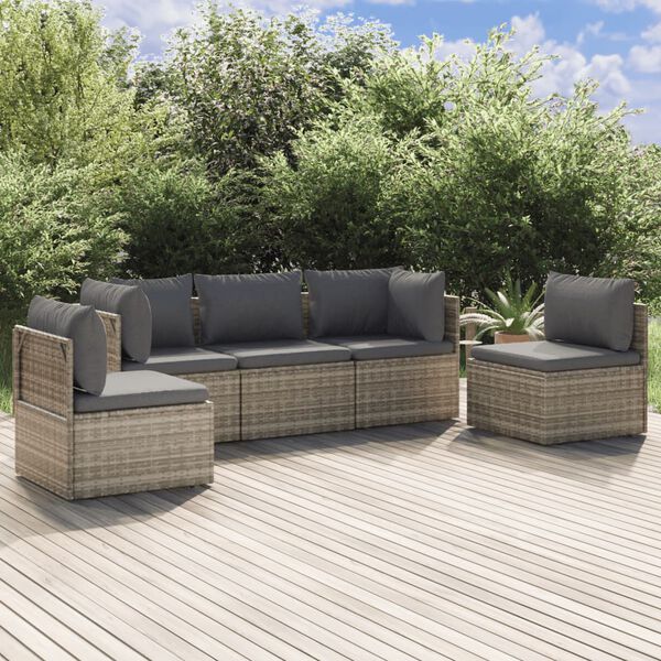 vidaXL 5-tlg. Garten-Lounge-Set mit Kissen Grau Poly Rattan