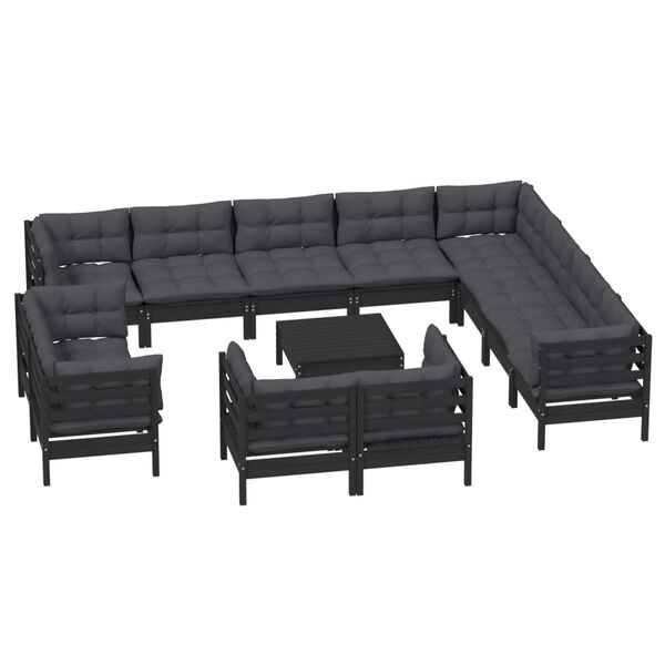 vidaXL 13-tlg. Garten-Lounge-Set mit Kissen Schwarz Massivholz Kiefer