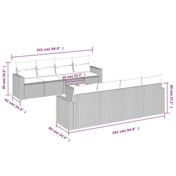 vidaXL 9-tlg. Garten-Sofagarnitur mit Kissen Beige Poly Rattan