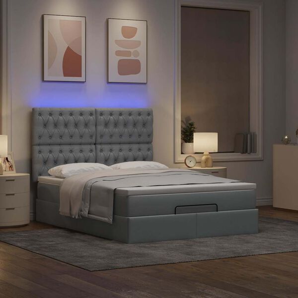 vidaXL Ottoman-Bett mit Matratze & LEDs Hellgrau 140x200 cm Stoff