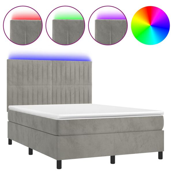 vidaXL Boxspringbett mit Matratze & LED Hellgrau 140x200 cm Samt