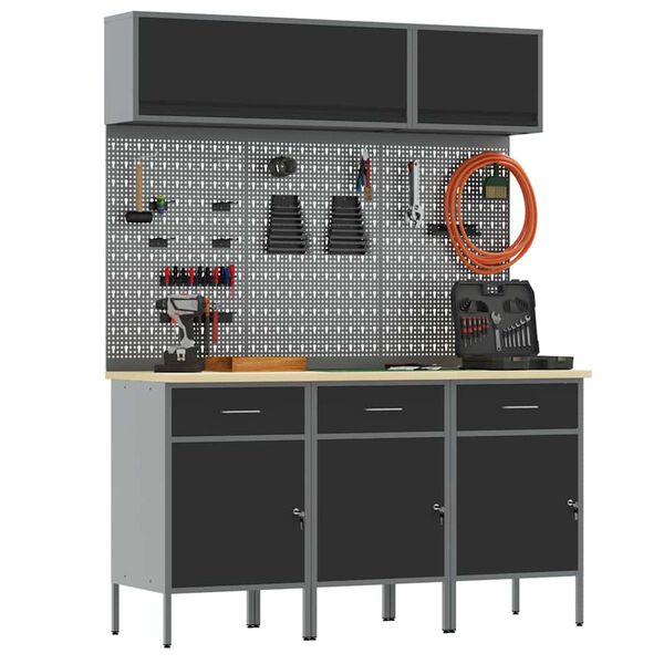 vidaXL Arbeitsschrankset mit Schubladen mit Speicher 8 pcs Schwarz