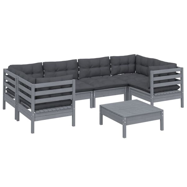 vidaXL 7-tlg. Garten-Lounge-Set mit Kissen Grau Kiefernholz