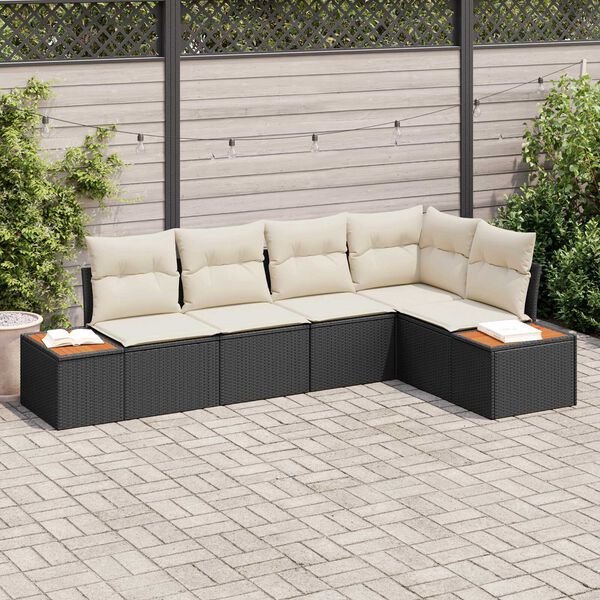 vidaXL Garten-Sofa-Set mit Kissen 5 pcs Schwarz und Creme Poly Rattan
