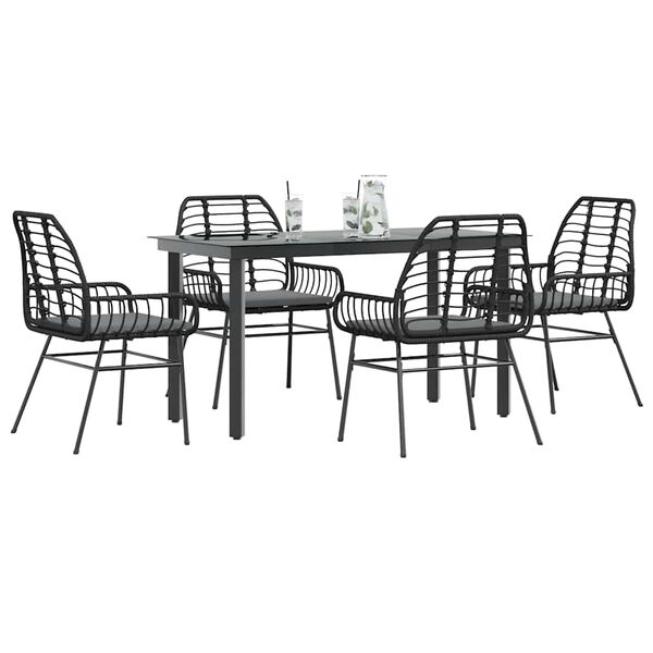 vidaXL 5-tlg. Garten-Essgruppe mit Kissen Schwarz Poly Rattan Glas